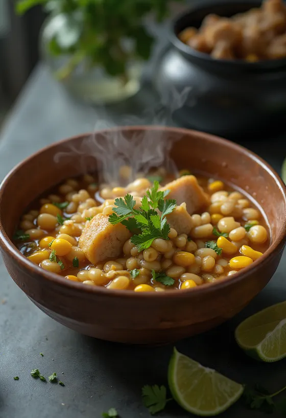 Locro de trigo sertéshússal, babbal, kukoricával és friss korianderrel