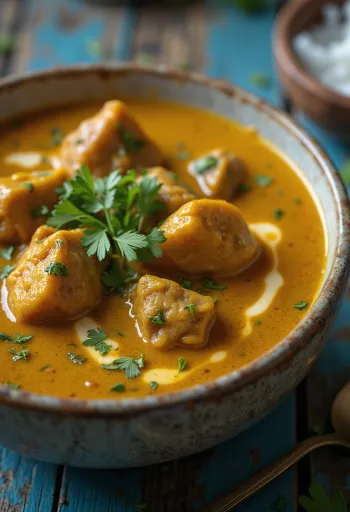 Marhahús curry kókusztejjel és fűszerekkel tálalva