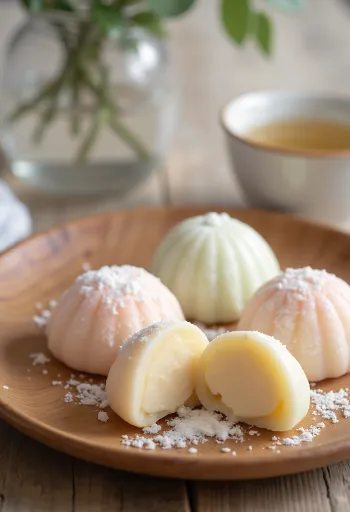 Mochi fagylalmmal, frissen formázva, a közepén fagylalttal