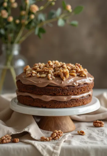 Nutellás diókrém torta csokoládébevonattal és dióval díszítve