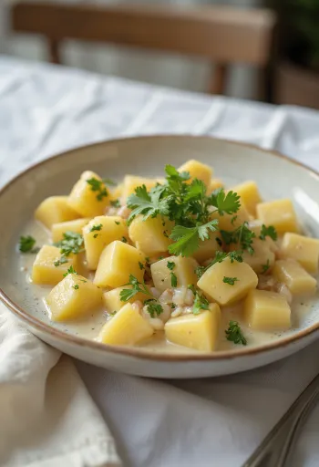Papas chorreadas korianderrel, finom krémes krumpli korianderrel díszítve