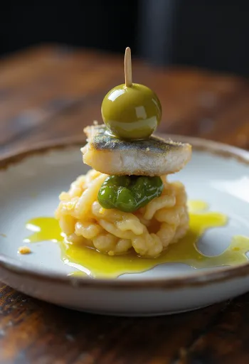Pintxo Gilda, olívabogyóval, szardellával és paprikával felfűzve pálcikán