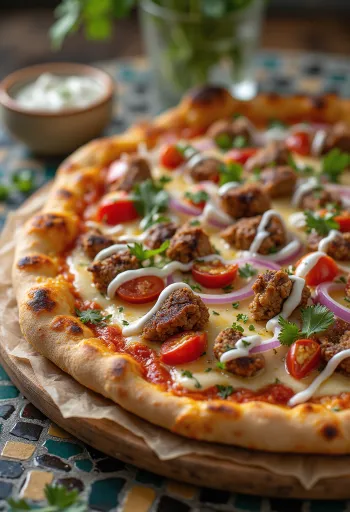 Kebabos pizza fűszeres hússal és görög joghurttal