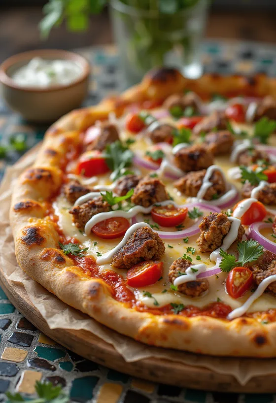 Kebabos pizza fűszeres hússal és görög joghurttal