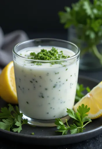 Korianderes kefir pohárban tálalva, világos színű ital apróra vágott zöldfűszerrel a tetején
