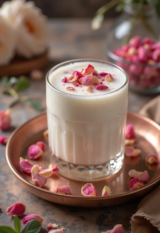 Rózsavizes lassi tálalva jégkockákkal