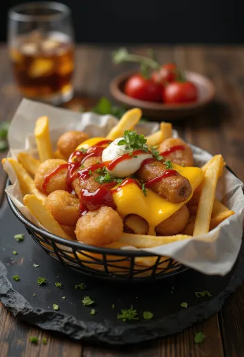 Salchipapas sajttal, ropogós hasábburgonya és virsli sajttal, majonézzel és ketchupal