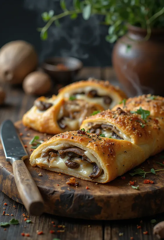 Stromboli gombával tálalva, gazdag gombával és olvadt mozzarellával a tetején, kívül ropogós és belül puha.