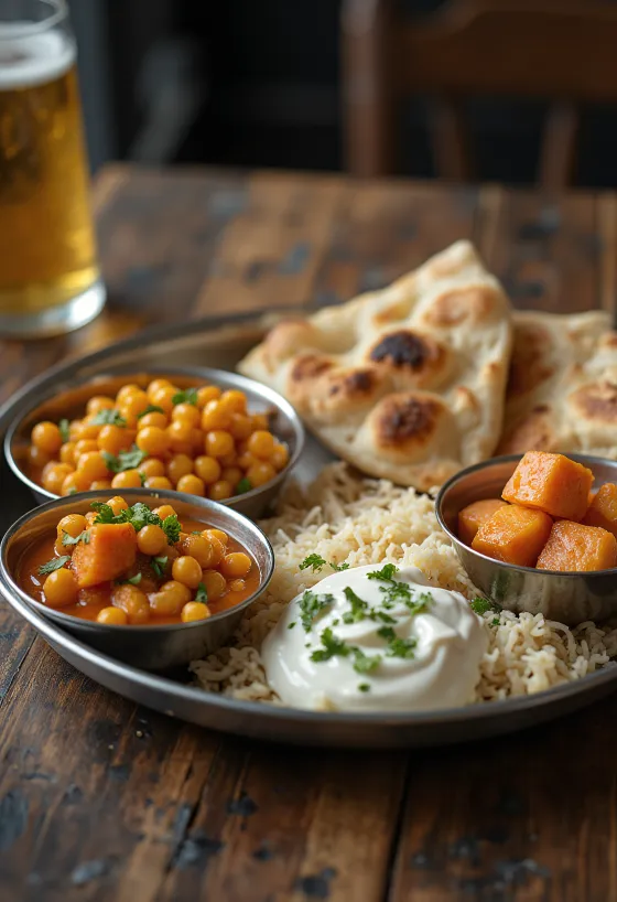 Punjabi stílusú thali tálalva naan kenyérrel, rizssel és tandoori csirkével