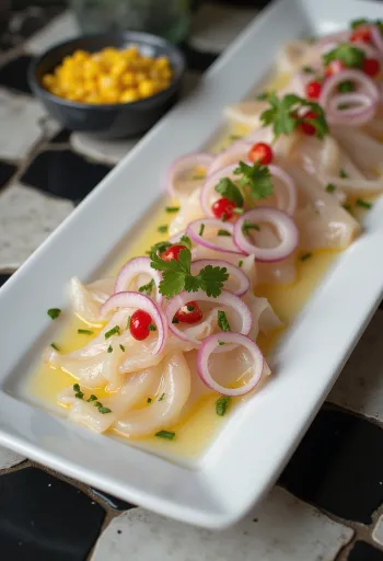 Tiradito korianderrel, friss hal szeletekkel és lime levével