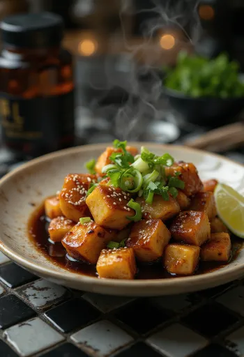 Tofu Bulgogi tálalva, tofut lime-mal és póréhagymával