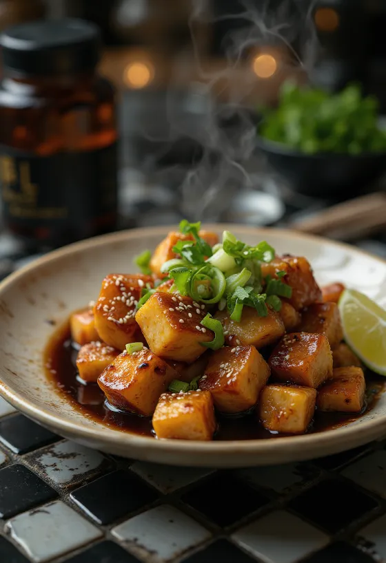 Tofu Bulgogi tálalva, tofut lime-mal és póréhagymával