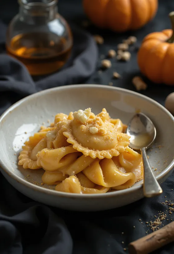 Tökfűszeres és vaníliás ravioli tálalva