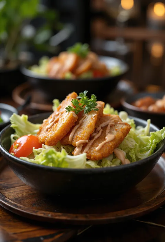 Tonkatsu Saláta friss korianderrel, szezámmaggal és tonkatsu szeletekkel