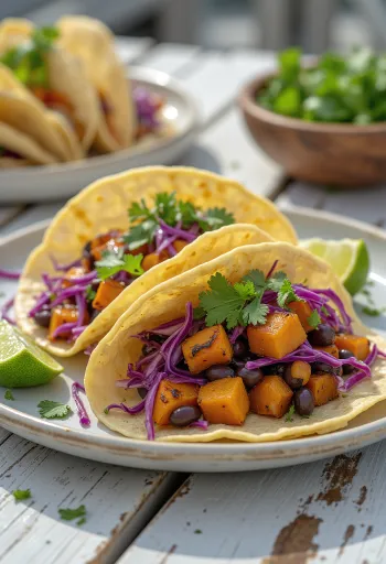 Vegán Taco sült édesburgonyával, fűszeres fekete babbal és korianderrel