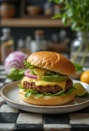 Avokádós burger tálalva