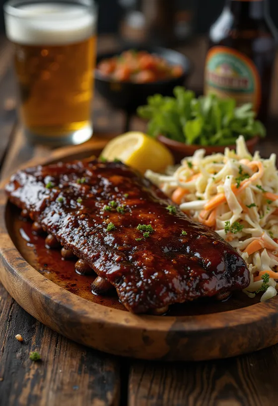 BBQ bordák coleslaw salátával tálalva