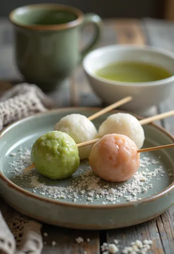 Bocchan dango zöld tea és vörös babpaszta töltelékkel tálalva