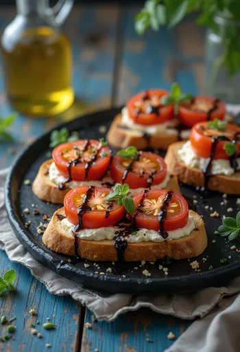 Bruschetta paradicsommal, kecskesajttal és friss bazsalikommal tálalva