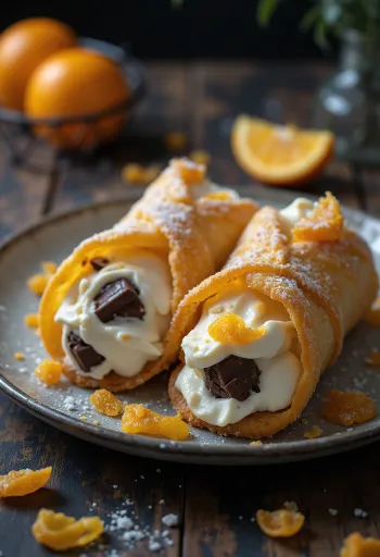 Cannoli kandírozott narancshéjjal tálalva csokoládéval