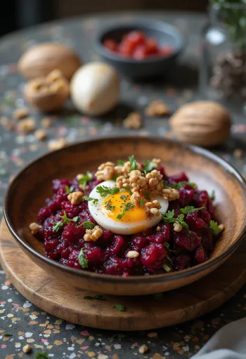 Caponata céklával és dióval tálalva rusztikus tálban