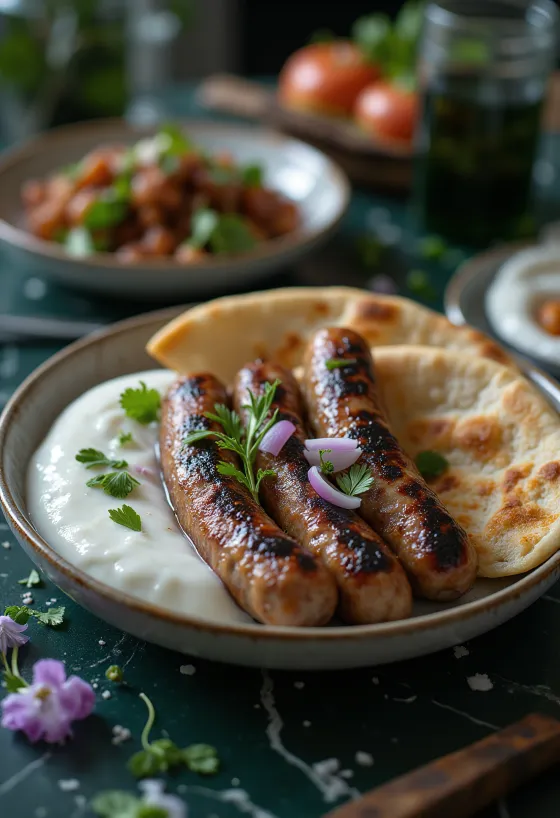 Cevapi joghurttal, frissen sült és szép aranybarna, pita kenyéren tálalva