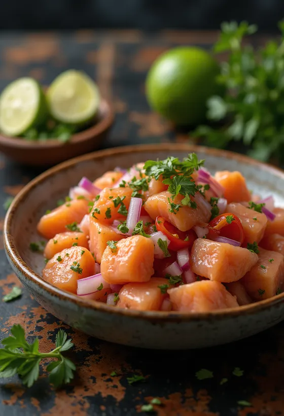 Ceviche de Salmón frissen tálalva, korianderrel és lime-mal díszítve