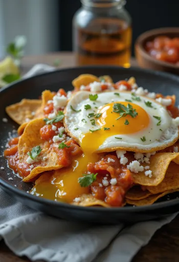 Chilaquiles con huevo estrellado frissen tálalva, napfényben