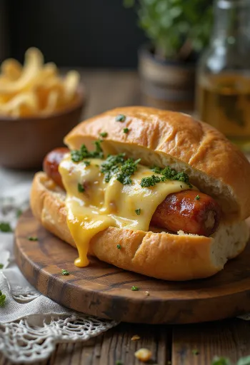 Choripán sajttal, friss korianderrel és pirított baguette-tel tálalva