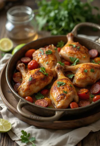 Frango assado chorizóval, friss korianderrel és lime levével tálalva