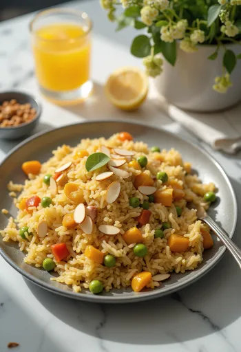 Kabsa vegán változatban, tálalva gazdag zöldségekkel és fűszeres rizses alapú étellel.