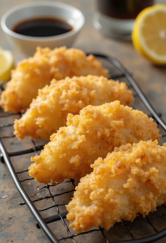 Kaki furai tonkatsu szósszal tálalva, ropogós osztriga darabok friss zöldekkel díszítve