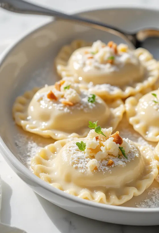 Kandírozott mandulás ravioli tálalva