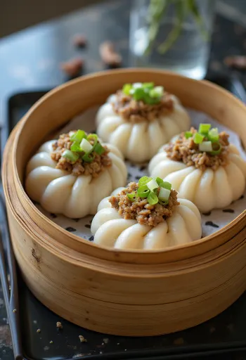 Kínai baozi gombás és sertéshúsos töltelékkel, bambuszgőzölőben tálalva