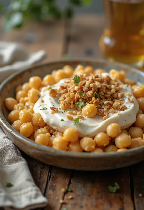 Klasszikus Fatteh, pirított pita darabokkal, csicseriborsóval, tahinis joghurttal és pörkölt fenyőmaggal.
