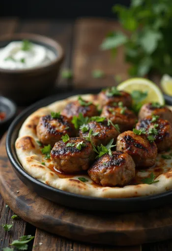 Kofta bárányhússal, friss pita kenyérrel és joghurttal tálalva