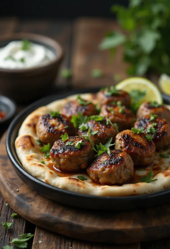 Kofta bárányhússal, friss pita kenyérrel és joghurttal tálalva