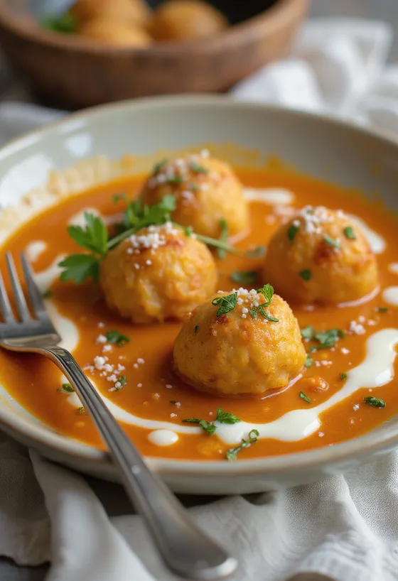 Malai Kofta curry gazdag, krémes szószban tálalva, friss korianderrel díszítve.