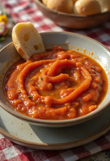 Édes mojo rojo szósz tálkában, körülötte sült paprika darabok