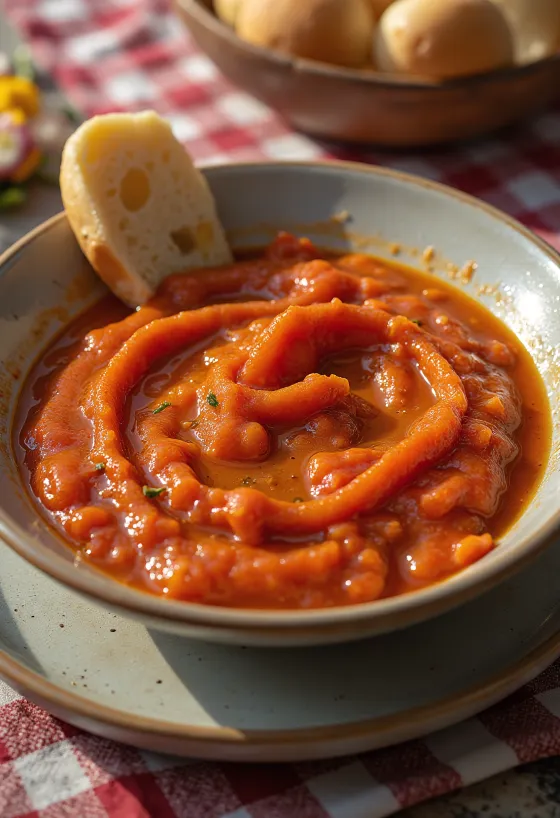 Édes mojo rojo szósz tálkában, körülötte sült paprika darabok
