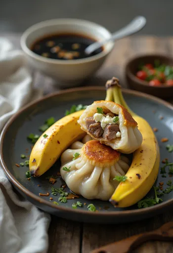 Pörkölt zongzi, füstölt húsos töltelékkel és friss korianderrel díszítve