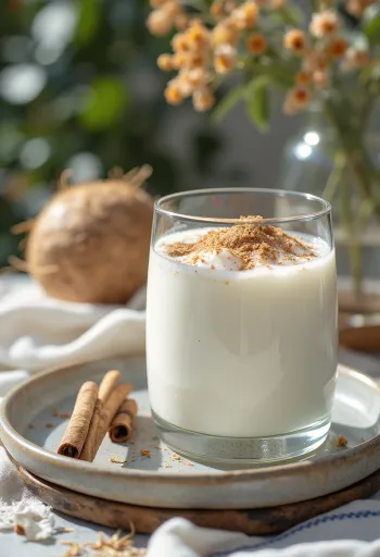 Kókusz-fahéjas kefir pohárban, világos krémes színű ital kókuszreszelékkel és fahéjjal megszórva
