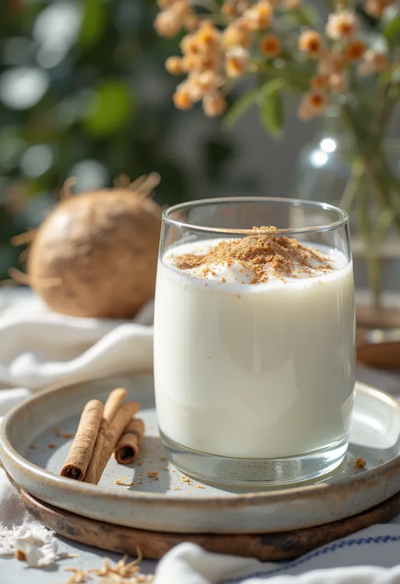 Kókusz-fahéjas kefir pohárban, világos krémes színű ital kókuszreszelékkel és fahéjjal megszórva