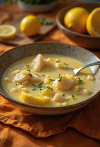 Psarosoupa avgolemono szósszal, gazdag halleves tálalva friss olívaolajjal és citromlével