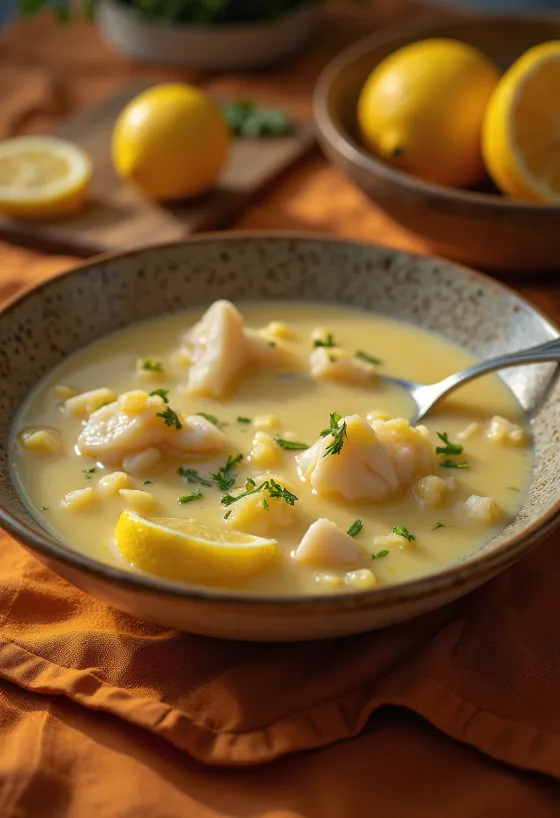 Psarosoupa avgolemono szósszal, gazdag halleves tálalva friss olívaolajjal és citromlével