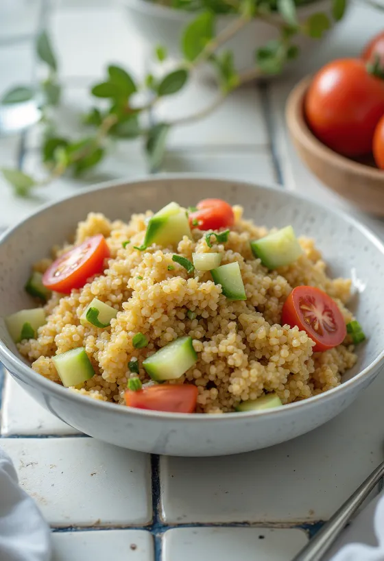 Quinoa saláta tahini öntettel tálalva