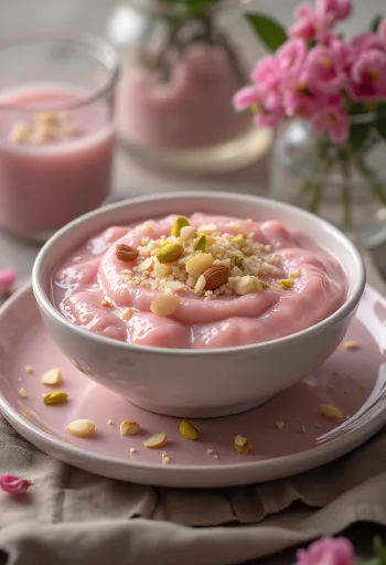 Rózsás kheer desszert mandulával és pistáciával díszítve