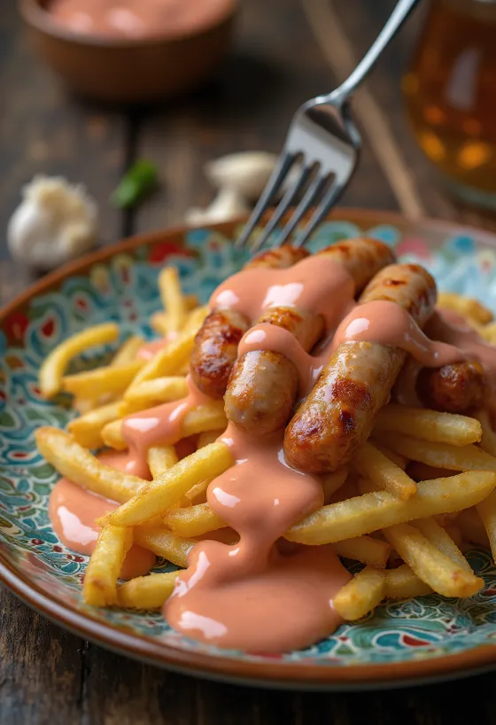 Salchipapas salsa rosadával tálalva, sült burgonyával és virslivel