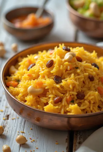 Sárgarépás mishti pulao tálalva kardamommal, kesudióval és mazsolával