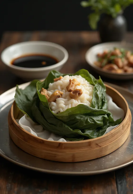 Sós zongzi, tálalva rizses töltelékkel és bambuszlevelekkel.
